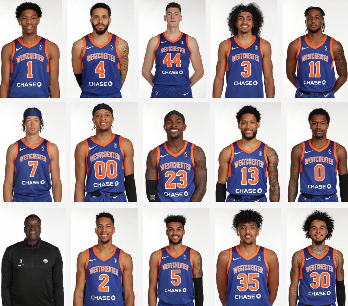 2023-24 Westchester Knicks:

(l-r top row:) Jaylen Martin, Duane Washington Jr (2-way), Dmytro Skapintsev, Jacob Toppin (2-way), Kaiden Rice)

(middle:) Isaiah Roby, Obadiah Noel, DeVion Harmon, Michael Harden Jr, Brandon Goodwin

(bottom:) Coach DeSagana Diop, Charlie Brown Jr