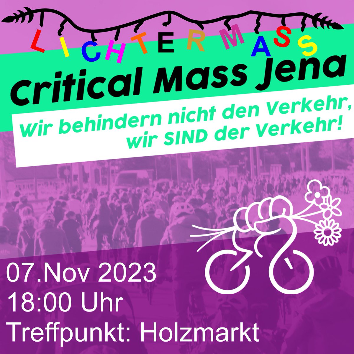 Am Dienstag dem 7. 11. um 18.00 wird die Critical Mass wieder zur Lichter Mass. Zum Beginn der dunklen Jahreszeit wollen wir mit euch und euren bunt  beleuchteten Fahrrädern durch Jena radeln, um die  Sichtbarkeit des Radverkehrs zu erhöhen. Start ist am Holzmarkt.<a href="/JenaerTweets/">Jenaer Tweets</a>