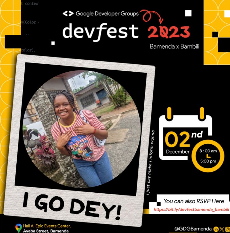 NgalaOlga's tweet image. I go dey!! With my full chest😂
As ei dey hott🥵, you snooze, you lose
@GDGBamenda
#GoogleDeveloperGroups #DevfestBamendaxBambili
#devfest
