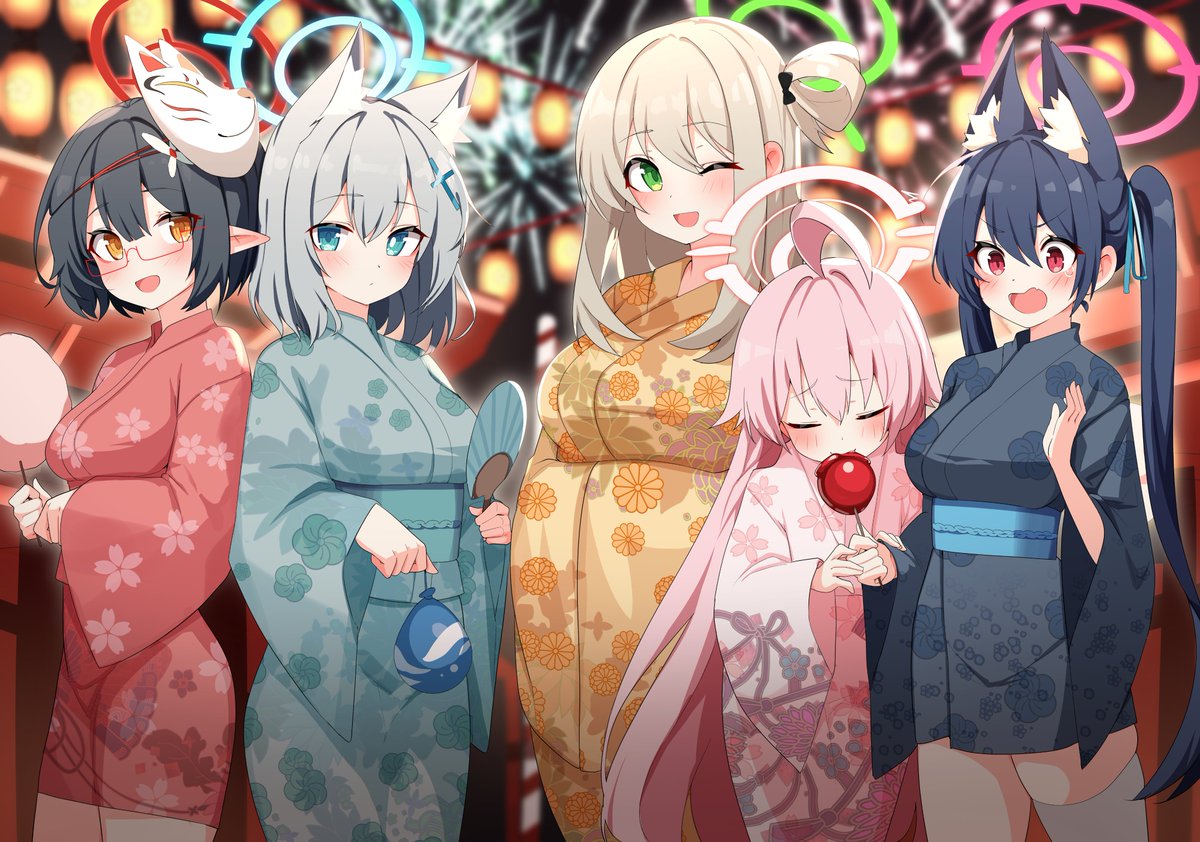 nonomi (blue archive) multiple girls animal ears halo japanese clothes kimono pink kimono black hair  illustration images