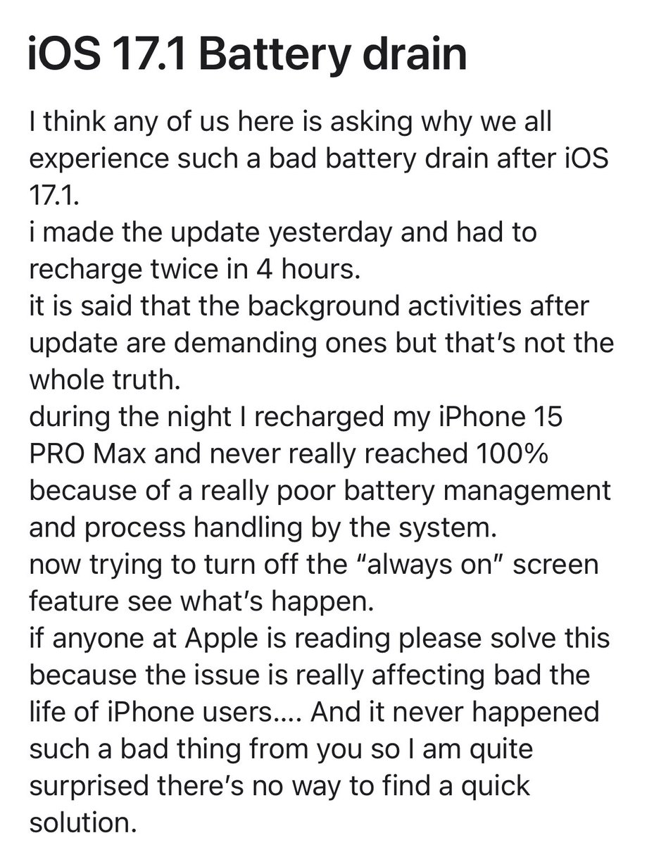 Tib1985's tweet photo. Even een Tech vraagje voor de iPhone 📱 gebruikers onder ons.
Hebben jullie na de update naar iOS 17.1 ook zo’n last van een snel leeglopende batterij 🪫?
Het is echt niet te doen 🤦🏻♂️🤦🏻♂️
Op de forums regent het klachten.
@Apple
Fix your shit .. 💩
#Crapple #Apple #ios17.1 https://t.co/otMru1baZF
