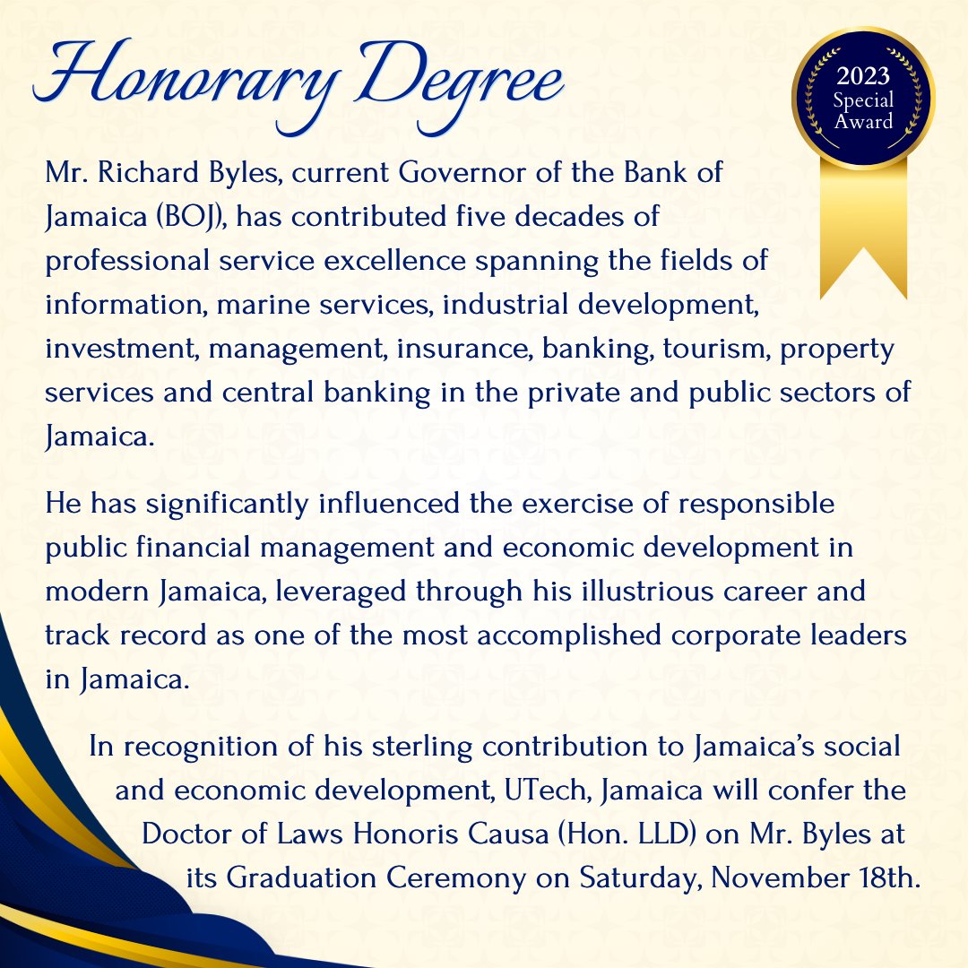 UTechJamaica's tweet photo. We are pleased to honour Richard Byles as a distinguished nation-builder at this year's Graduation Ceremonies!
He has made stellar contributions to Jamaica’s growth and development in Business.
#GradKnight #Classof2023 https://t.co/QkZTnilRTB