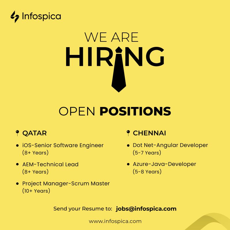 We're hiring for a range of positions in Qatar and Chennai.

#JobOpenings #HiringNow #SoftwareEngineering #QatarJobs #ChennaiJobs #TechJobs #ITJobs #ProjectManager #ScrumMaster #iOSDeveloper #AEM #DotNet #Angular #Azure #JavaDeveloper
