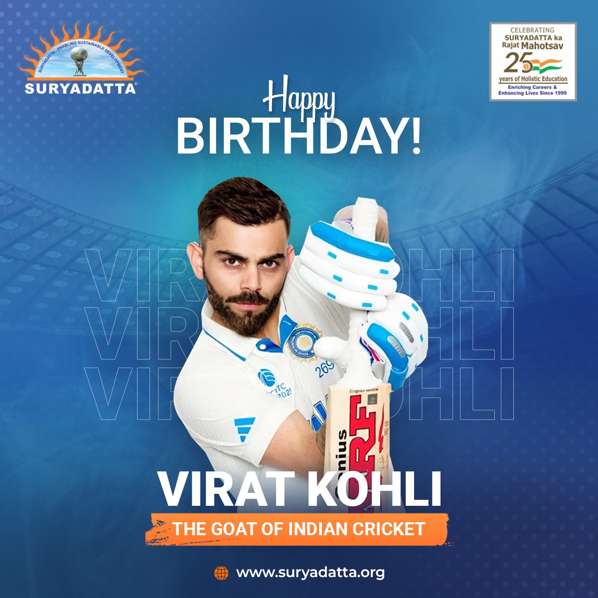 We at Suryadatta Group of Institutes Wish the cricket maestro, Virat Kohli, a magnificent birthday! Known as the GOAT for his unparalleled feats on the cricket field, your determination and skill redefine excellence. #SGI #HappyBirthdayVirat #ViratKohli #KingKohli #Legend #GOAT