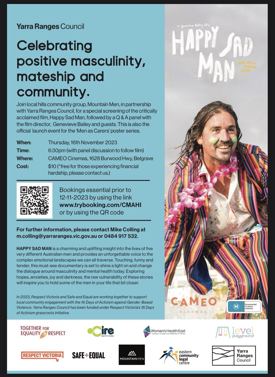 On November 16 we are joining with some great orgs to present a special HAPPY SAD MAN screening and panel at <a href="/cameocinemas/">Cameo Cinemas</a> in Belgrave, Vic. All welcome. <a href="/YarraRanges/">Yarra Valley</a> #happysadman #respectvictoria