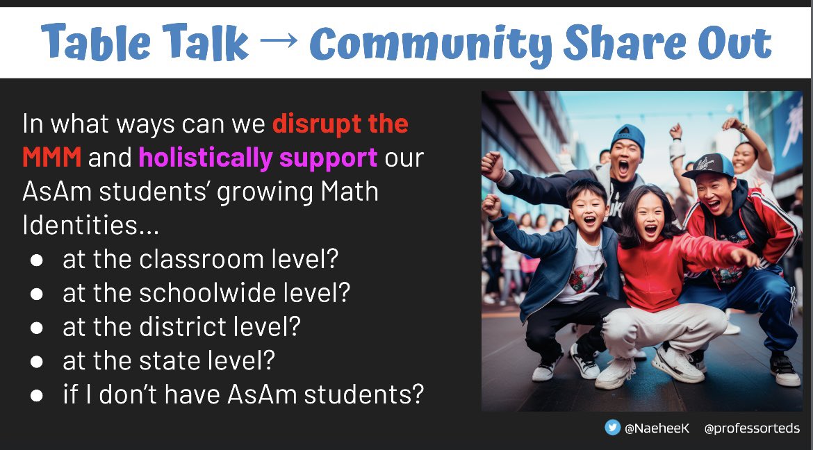 NaeheeK's tweet photo. Storytelling at #cmcmath with @professorteds, not for the sake of math, but for the sake of us and our identities. How do we heal from our own traumas/struggles and disrupt the MMM on various levels of the Ed system? Participants brought the fire with their convos! https://t.co/cASCyn0L2Z