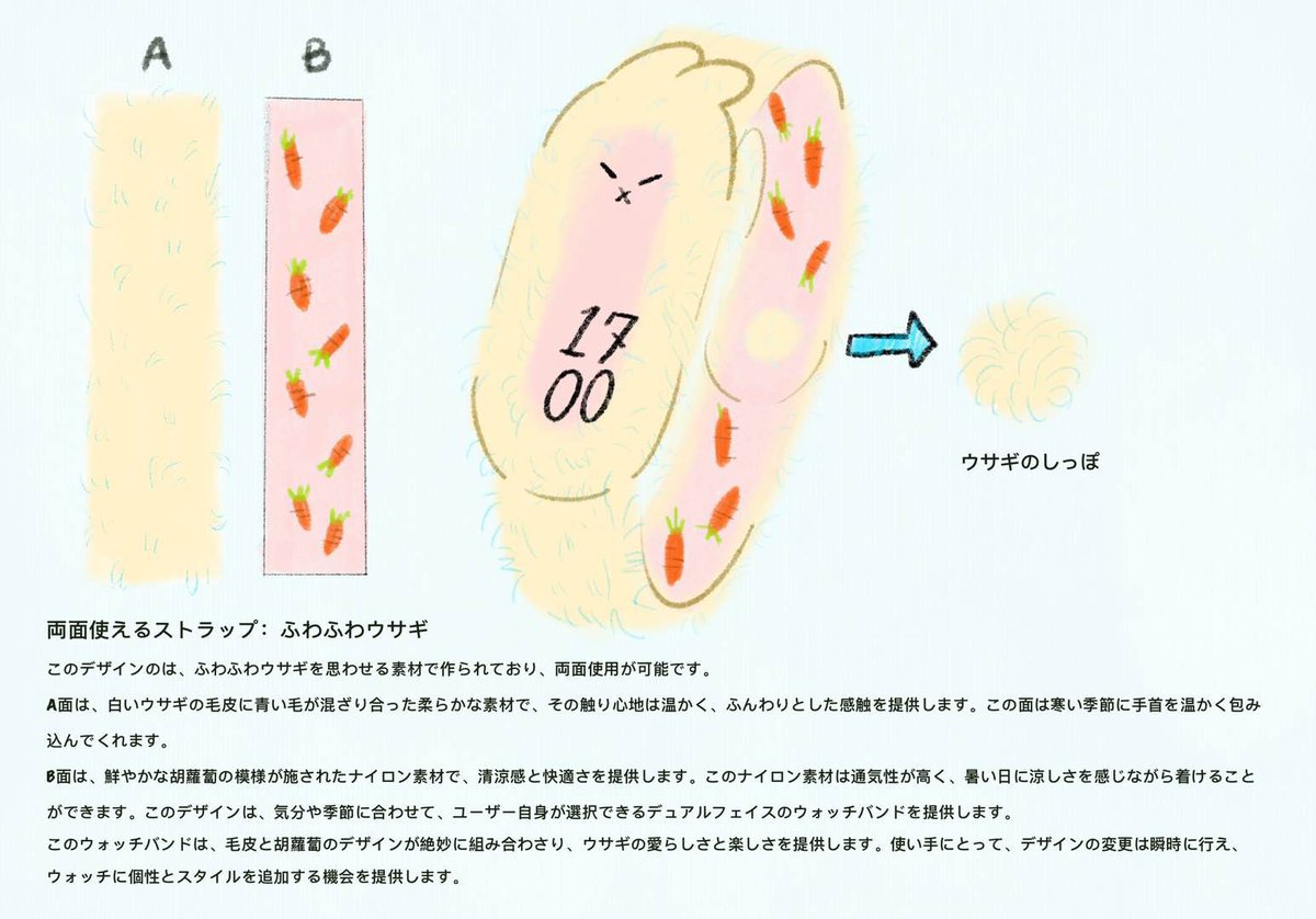 yourjojo721's tweet image. ウサギを思わせで作られており、両面使用が可能！
A面は、寒い季節に手首を温かく包み込んでくれる
B面は、人参の模様が施されたナイロン素材で、清涼感と快適さを提供する
#XiaomiSmartBand8ストラップデザインアワード #デザインにもっと自由を #Magicforeveryone　@XiaomiJapan Xiaomi 特別招待作品