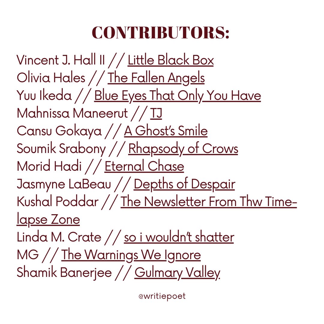 themaluzine's tweet photo. WRITIE POET issue 04 is out!
As this issue mainly focuses on expressing emotions to the full potential, we hope that everyone gets to find a piece that resonates with them.
#writiepoet #poetry #poet #writer #litmag #magazine
https://t.co/tPIvT2u6nc https://t.co/cJlqn1Ll8r