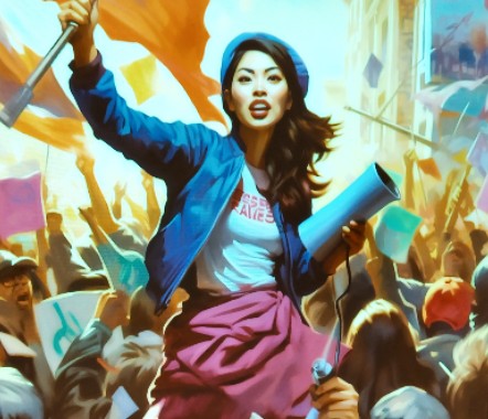 My new friend @professorteds showed us this AI-generated image during his presentation with @NaeheeK at @CAMathCouncil - South's conference this morning. I love it! Badass Asian woman leading the people! #CMCmath #MultiverseOfMathness