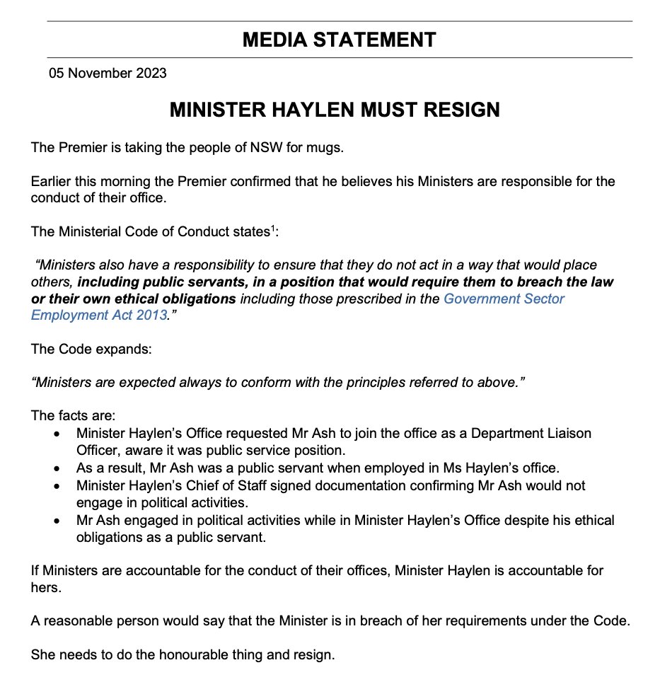 STATEMENT - STAFFER RORTS

People who knew: 
✅ Chief of Staff
✅ Deputy Chief of Staff
✅ Premier's Office
✅ Dept Secretary (had concerns)

He was requested, empowered and is now being thrown under the bus to protect the Minister. 

The  Code is clear.  #NSWpol 

 ⬇️⬇️