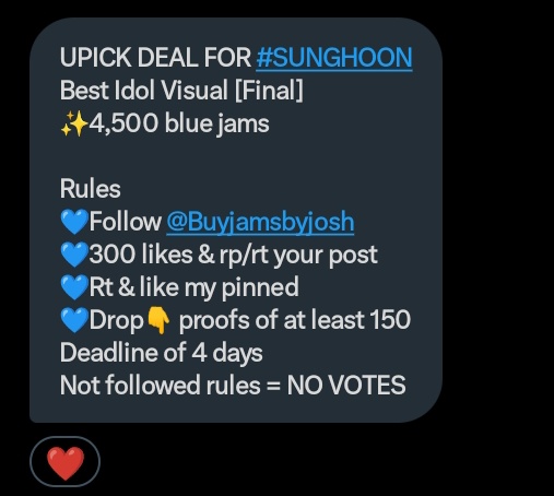 UPICK DEAL FOR #SUNGHOON 
Best Idol Visual [Final] 
✨4,500 blue jams

Rules 
💙Follow @Buyjamsbyjosh 
💙300 likes &amp; rp/rt your post
💙Rt &amp; like my pinned
💙Drop👇 proofs of at least 150 
Deadline of 4 days
Not followed rules = NO VOTES 

#ENFuelUp #ENVOOSTERS
