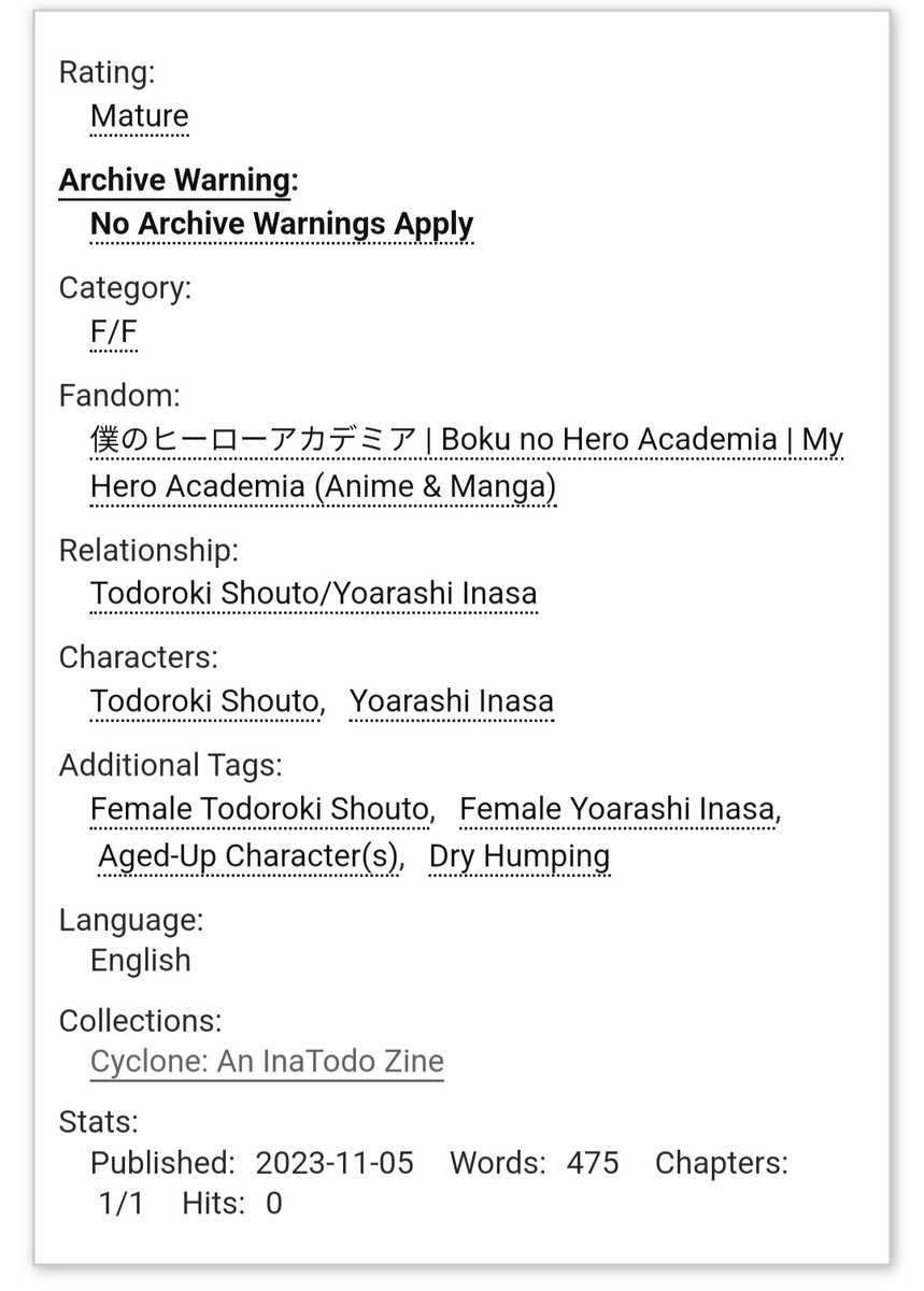 I not only got to be a head mod for the <a href="/inatodozine/">Cyclone: An InaTodo Zine</a>, but i also got to participate with a couple of drabbles. One is a SFW for the main pdf and one is NSFW for Heatwave the add-on. Which is also a follow up to @/todarashis comic!

archiveofourown.org/works/51368476
archiveofourown.org/works/51368695