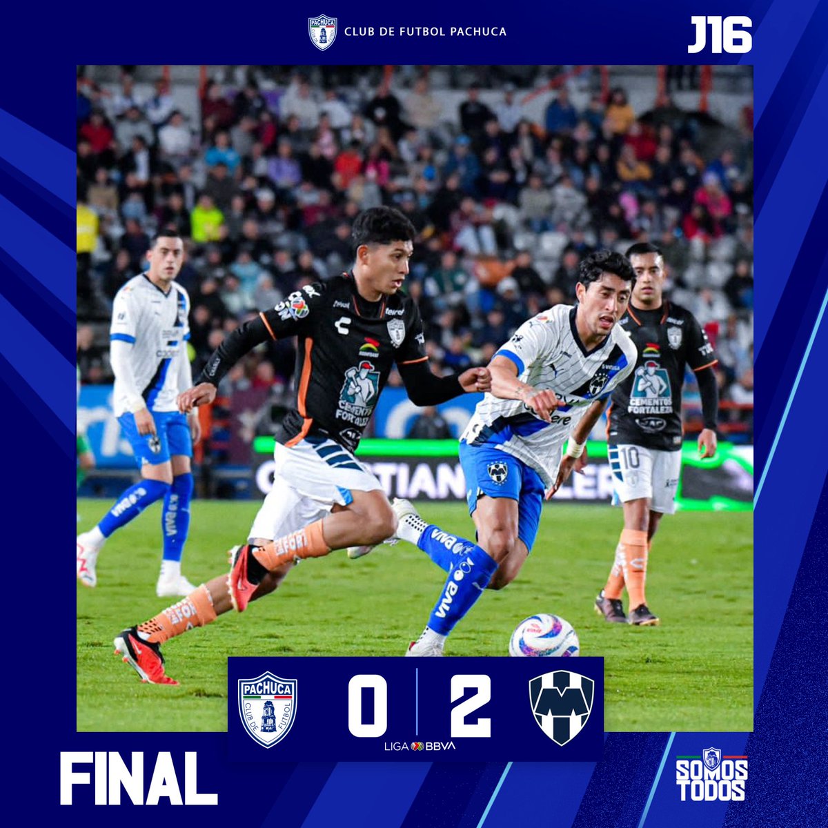 Tuzos's tweet photo. ⌚️ MF | 🤍 PACHUCA 0-2 Monterrey 🤠
Fin del partido en el Estadio Hidalgo.
Por: @Telcel
#PachucaSomosTodos💙#PACMon https://t.co/9azAzzxHHE