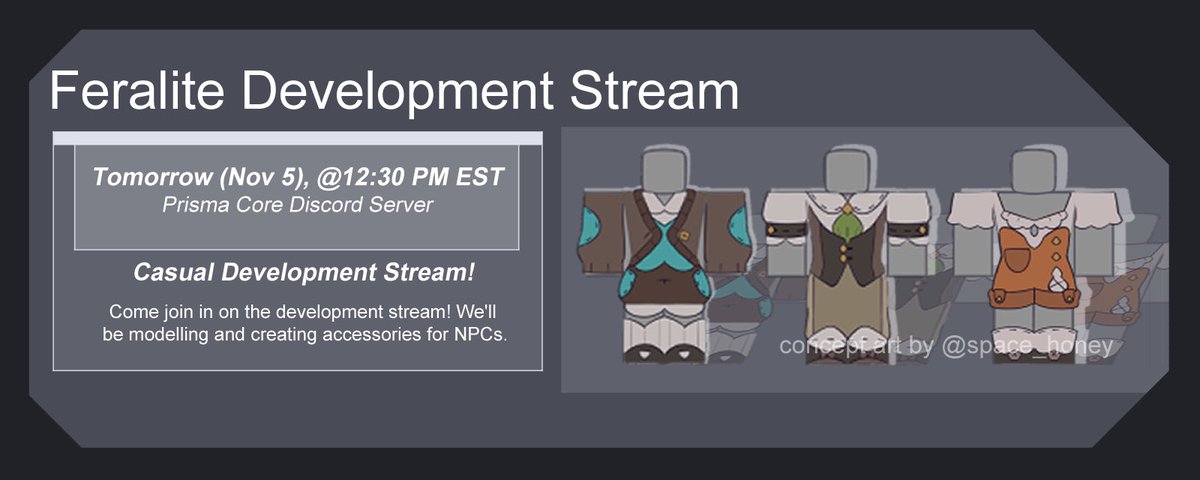 Prisma_Core's tweet photo. Hey everyone!

This time we were not able to get a Dev log out. To compensate, we will be hosting a dev stream tomorrow at 12:30 PM EST all about character modeling!

Come join our discord to see what will be made!
#Feralite https://t.co/UfYwochavm