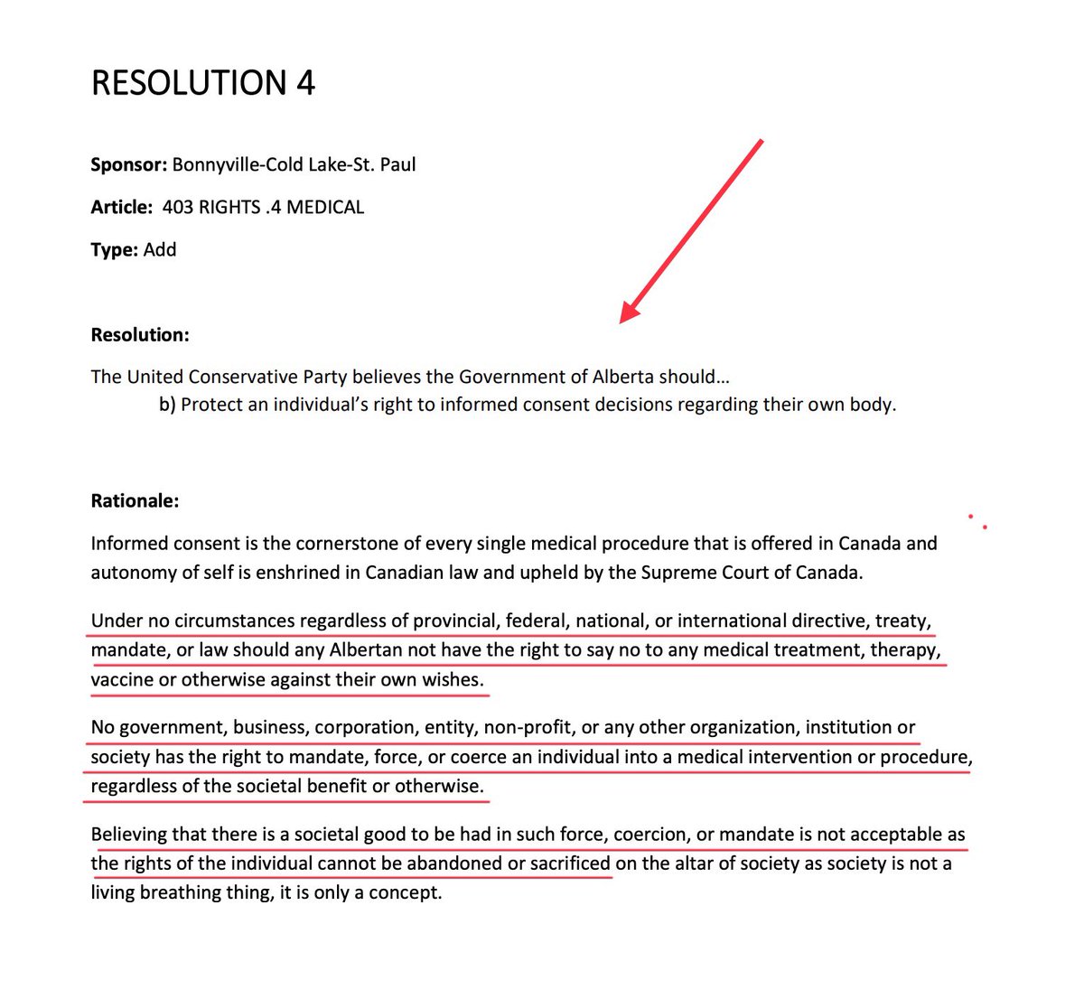 PaulMitchell_AB's tweet photo. For those wondering about if Danielle Smith’s UCP Party might resist future “health” mandates and coercion from Ottawa, the WHO or other international organizations, I invite you to read the following resolution which was passed today👇

Alberta is not going down that road again. https://t.co/3KTU0LWGJ0