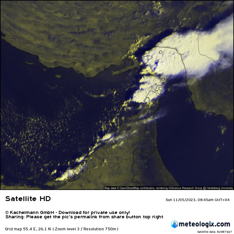 نشاط رعدي ممتاز يقترب من مسندم، خلال الدقائق القادمة قد تؤثر عليها، فرص الامطار اليوم تنتقل تدريجيا نحو الباطنة وجبال الحجر الغربي والأوسط خلال النهار فيما تبدء فرص مسقط آخر الليل والصباح الباكر ليوم غد والله أعلم