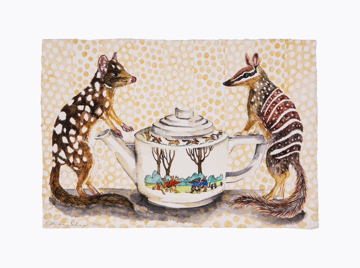 I hear it is #WorldNumbatDay (quickly adds to calendar before sending off to printer) so here is my numbat versus spotted quoll in the cuteness competition! If you look closely you will also notice I have adapted the bunnykins teapot to feature the two protagonists