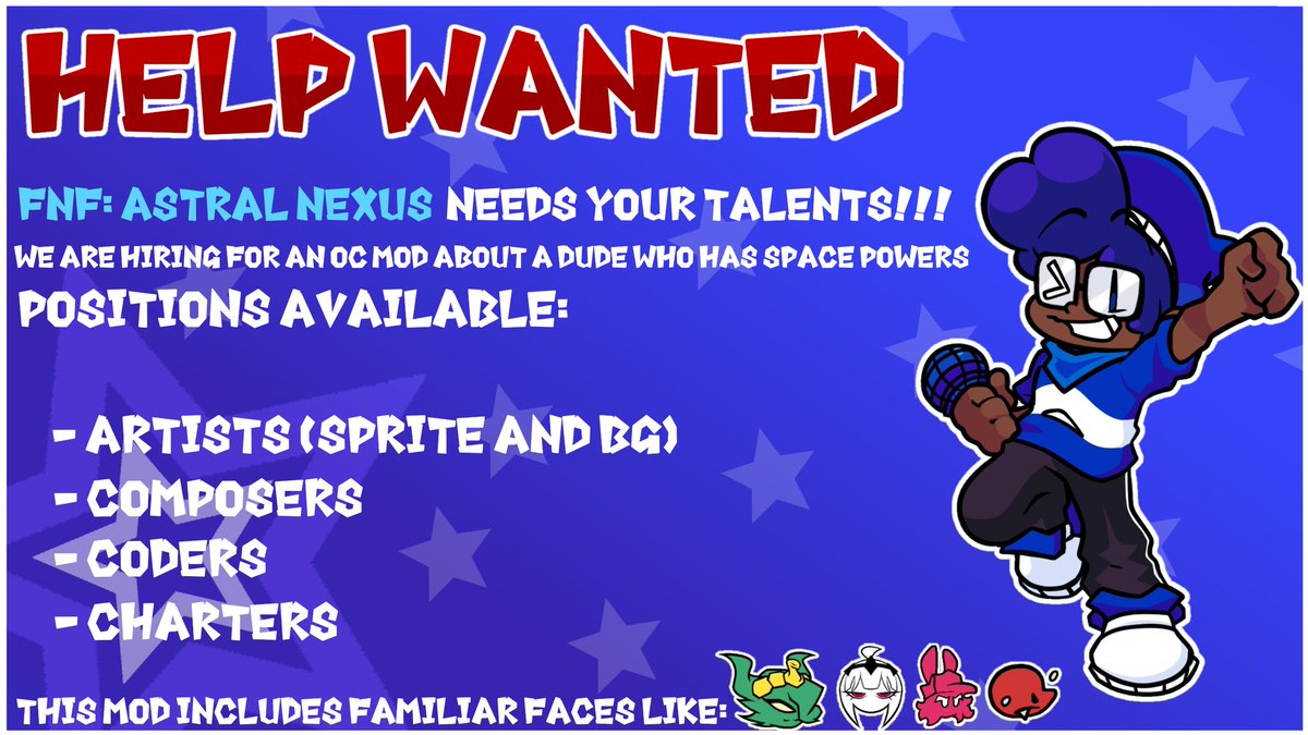 HELP WANTED - Currently looking for recruits for a brand new OC mod starring my original characters. The mod Co stars familiar faces like: Skarlet Bunny, Nikusa, Midnight, and Sawsk. Send your work examples below or DM me on Discord Spexter__
<a href="/News_Funkin/">Funkin News</a> <a href="/FNFNewsAnnounc1/">FNF News</a>