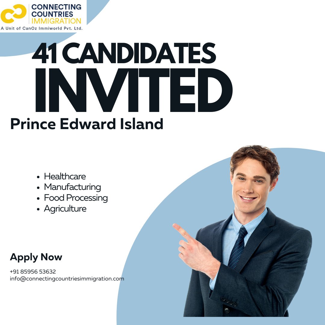 CCImmigration's tweet photo. In the Prince Edward Island draw 41 candidates were invited under various occupations. Connect for more news.
info@connectingcountriesimmigration.com

For more information call us 91 85956 53632 

#princeedwardisland #peidraw #canadaimmigration #connectingcountriesimmigration https://t.co/JXfWhiAbJb