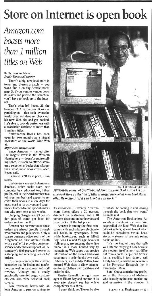 rmnth's tweet photo. It's fascinating to read about the early days of technology companies - and to see what changed & what remains the same - #Lindy - over the course of its journey.
Check out this 1995 story on Amazon from the Seattle Times. (Via https://t.co/LGOp7MxOF5)
#ContrarianReads https://t.co/xvk0GM0IX1