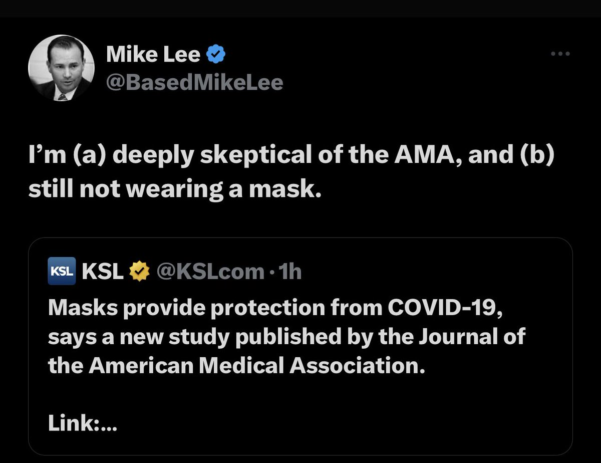 andyswats's tweet photo. Of course. 

Mike Lee believes in nothing but his own very limited preconceived ideas; and knowledge and discovery will not disuade him.

To prove his point; for the rest of his life he should waive any masks in his and his families’ surgeries.

He part of the anti-enlightenment. https://t.co/pi5ehrpBWF