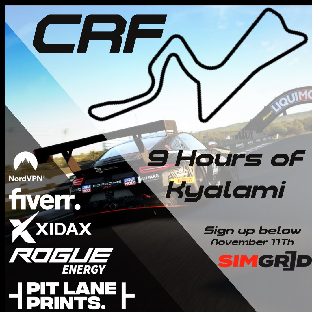 9 Hours of Kyalami presented by CRF Motorsports.

Make sure to sign up through this link! - Link

Also, make sure to join our discord server to follow any of our future events.- discord.gg/Jkcgqct2tY

24 Hours of Spa is also scheduled for December 9th with a $150 Prize Pool!