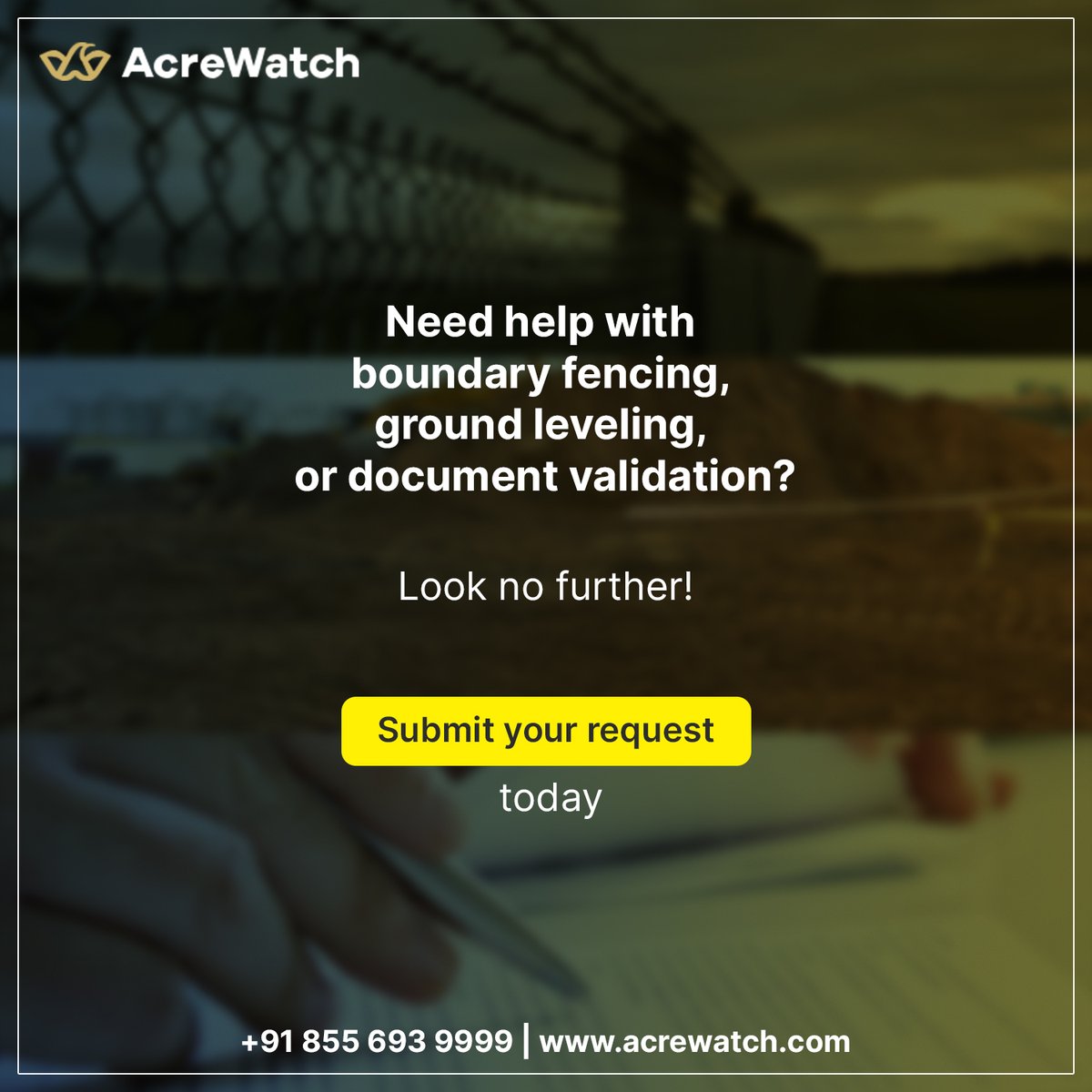 WatchAcre's tweet image. Simplify, streamline, succeed. AcreWatch offers a centralized approach to property maintenance, including boundary fencing.

👨🏽‍💻 Visit acrewatch.com
📞 Call +91 8556939999

#Plotmonitoring #propertyinvestment #Acrewatch #nriindians #fencing #andhrapradesh #telangana