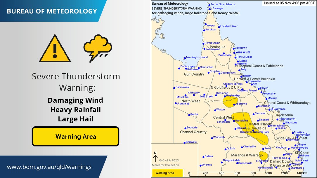 BOM_Qld's tweet photo. ⚠️⛈️Severe thunderstorm #warning update: new area with damaging wind gusts near Hughenden, and expanded area between Barcaldine and Emerald (damaging wind gusts, large hail, heavy rainfall). Details and updates: https://t.co/FBmpsInT9o https://t.co/yTMkSHsFYc