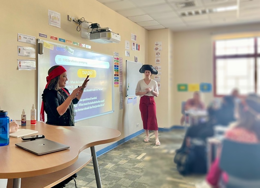 I'm not sure what was more fun--co-facilitating a #teachersteachingteachers workshop on #generativeAI (aka ARRRtificial Intelligence🏴‍☠️😉) or doing it while dressed as a pirate on Halloween to a packed room! #promptengineering #aiineducation #ETCoaches #edtech #TKSlearns