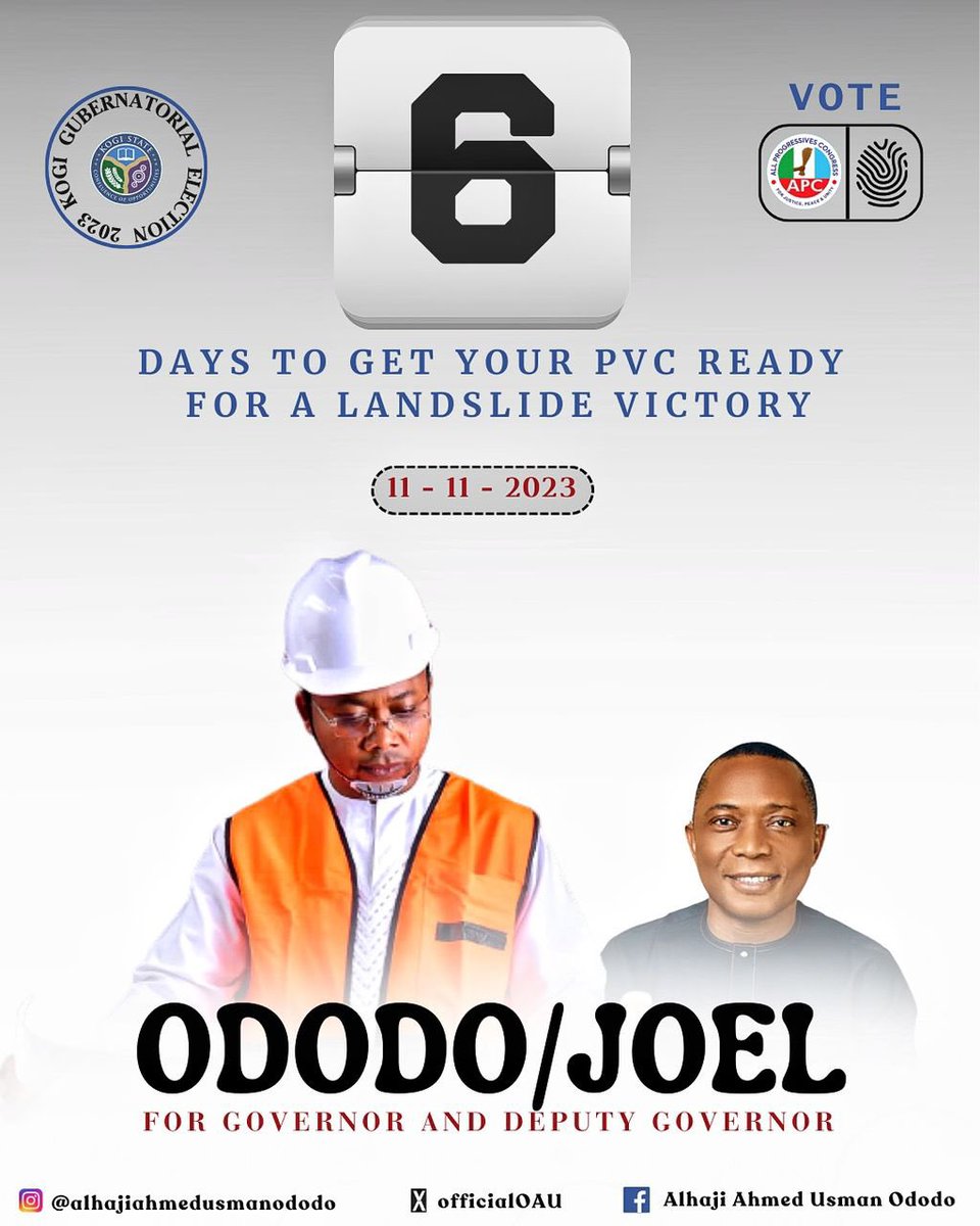 CMT_Kogi's tweet photo. This weekend, we shall all come out as Kogites to continue on the trajectory of Unity, Peace, Security & Development.
Welcome to our week of resounding victory for APC, Ododo/Oyibo and Kogi State.
#OAU2023 #KogiDecides2023 #KogiDecides #KogiDecide @KingsleyFanwo #Ododo4KogiGov https://t.co/1grzGVafYq