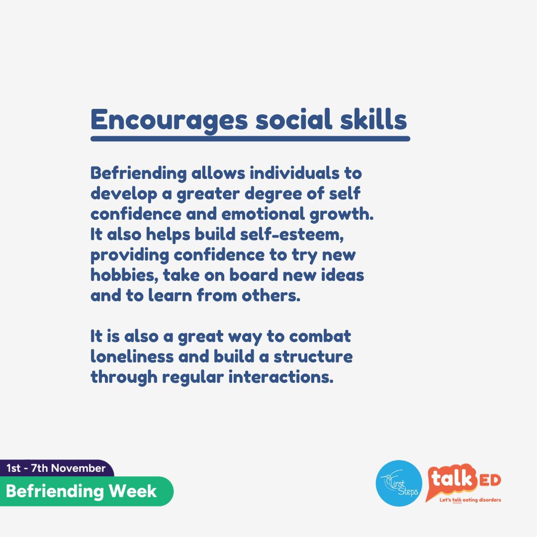 Our team of befrienders at First Steps ED help in a variety of ways to support you through eating disorder recovery.

Interested in our befriending service? Make a referral: firststepsed.co.uk/make-a-referra…

#BefriendingWeek #BefriendingHelps #EDSupport