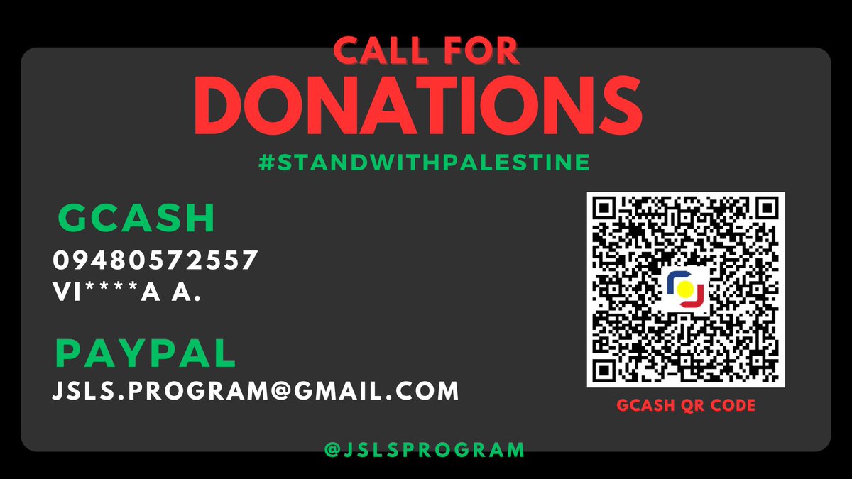 jslsprogram's tweet image. JSL Donation Drive for Palestine🇵🇸

Maaaring magpadala sa mga sumusunod: 
09480572557 (GCash) 
Vi****a A. 
jsls.program@gmail.com (Paypal)