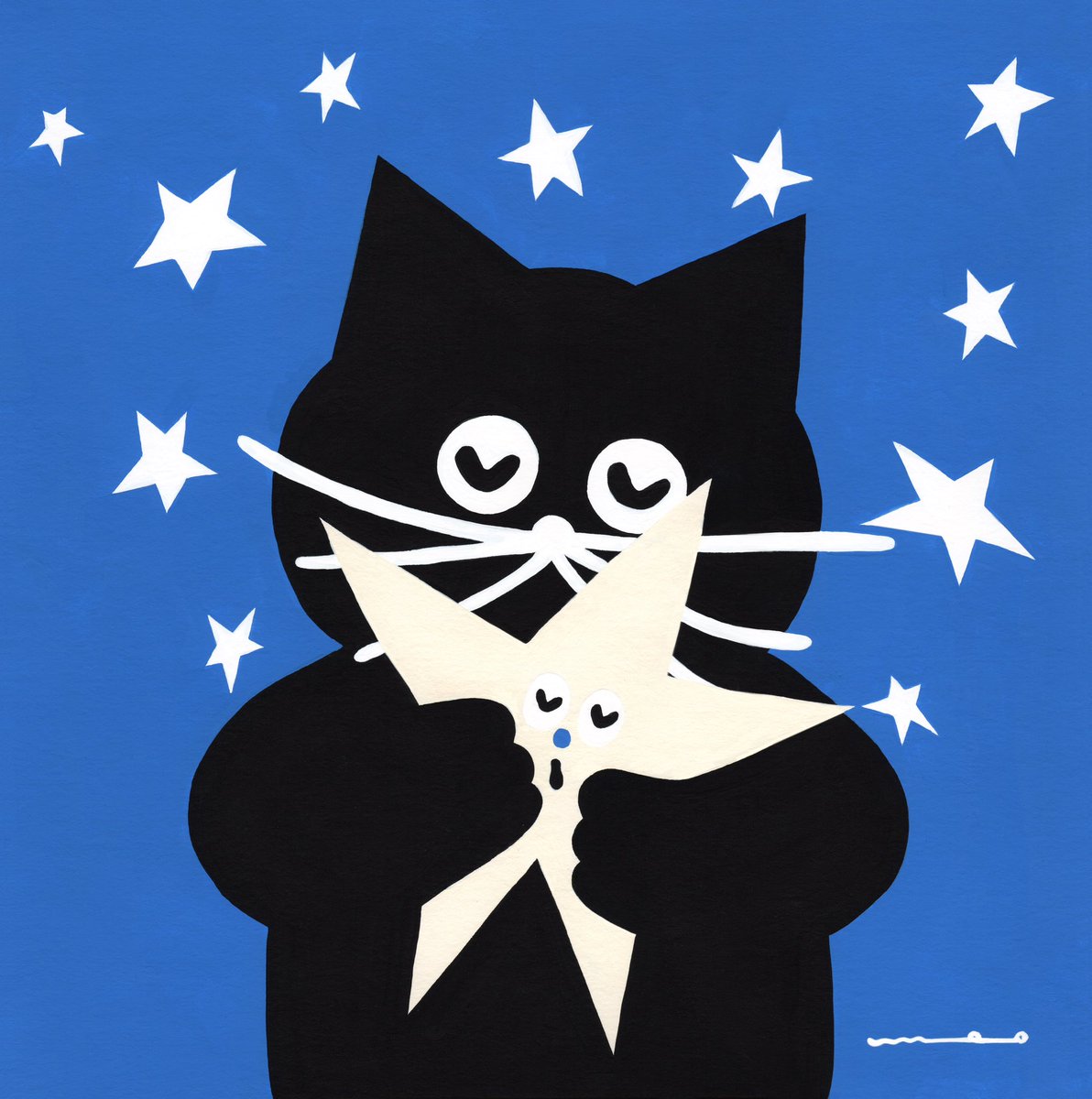 no humans star (symbol) solo blue background cat simple background looking at viewer  illustration images