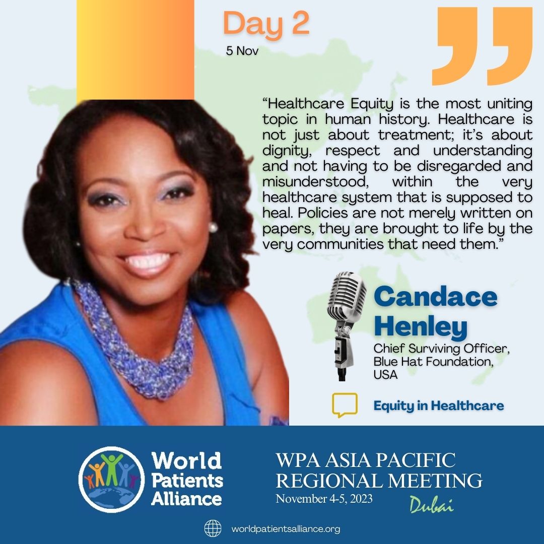 📣 Candace Henley, CPN 's very strong words on Equity in Healthcare at WPA's Asia Pacific Regional Meeting 2023.🌏 🤝 #wpaasiapacific #patientadvocacy #HealthcareForAll #networking #patientempowerment #wpacares #DubaiBound #equity #communication #patientorganization