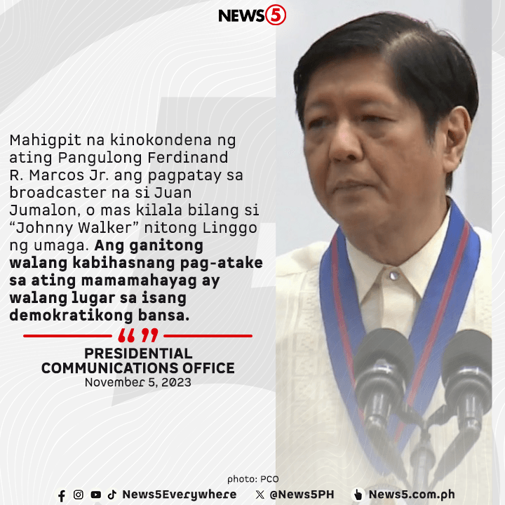 Nagpaabot ng pakikiramay si Pres. Bongbong Marcos sa mga naiwang kaanak ng pinaslang na mamamahayag na si Juan Jumalon, o mas kilala bilang si “Johnny Walker.” #News5