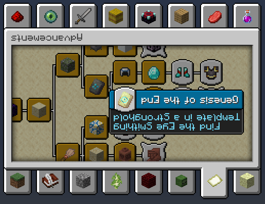 What's better than playing BlazeandCave's Advancements Pack?
How about playing it... upside-down?*
Try now by downloading the BACAP Language Pack and switching the language to ɥsᴉꞁᵷuƎ (uʍoᗡ ǝpᴉsd∩)!

* = Player satisfaction not guaranteed.

planetminecraft.com/texture-pack/b…