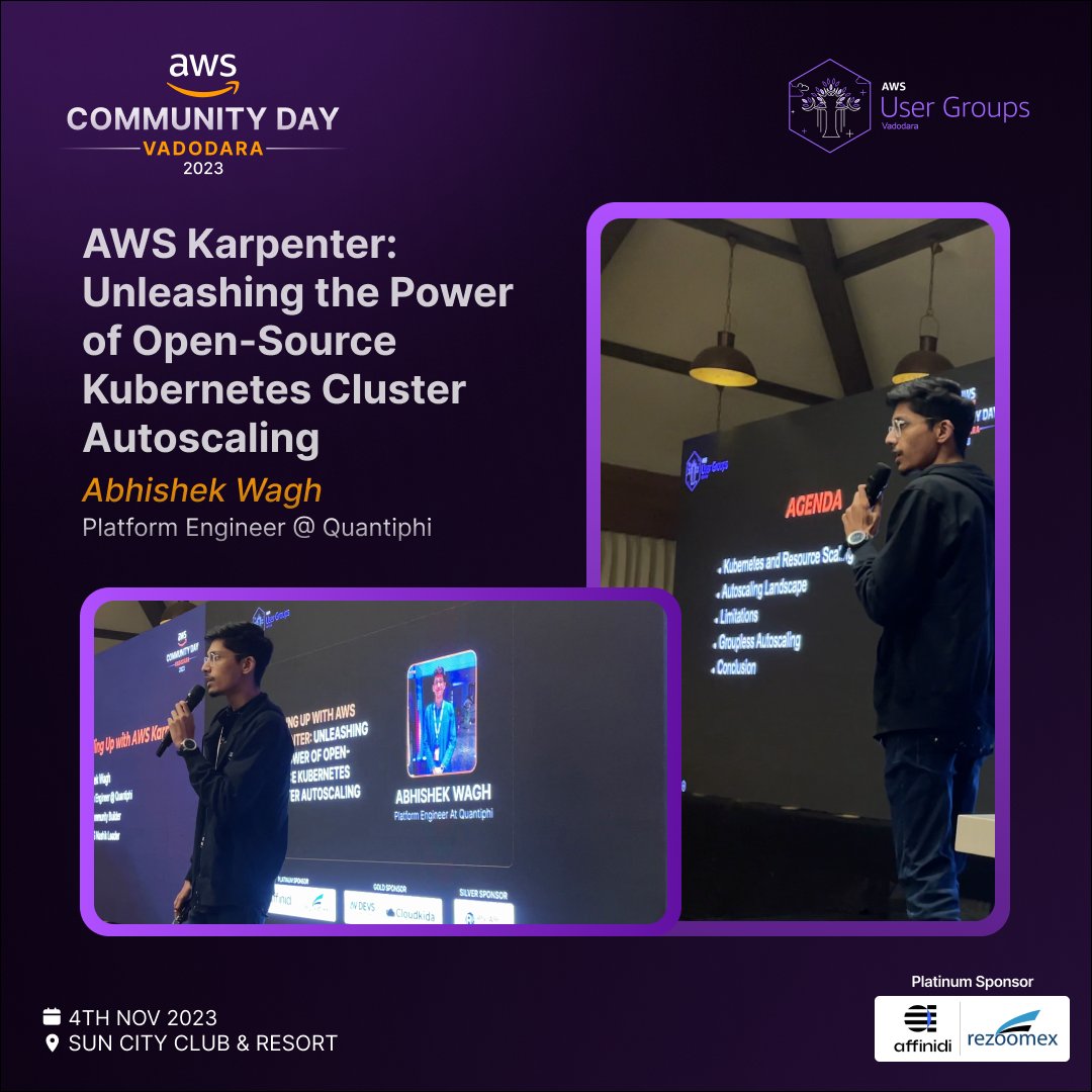 🚀 Relive the Thrilling Session! 🌟

We were truly inspired by Abhishek Wagh, the skilled Platform Engineer at Quantiphi, who led us on an exhilarating journey into "Scaling Up with AWS Karpenter" at AWS Community Day Vadodara.

Thank you for being a part of #AWSCommunityDay2023