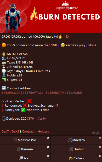 $GROK  was mentioned at 17K market cap in our premium Alpha spotter (t.me/lpburn). 

It's now sitting on a 11.2M mc. 

That's a solid X658 for our premium members!

Subscribe by holding 2000 $MOETA and never miss Alphas🔥

#GROK #ALPHA #MOETA