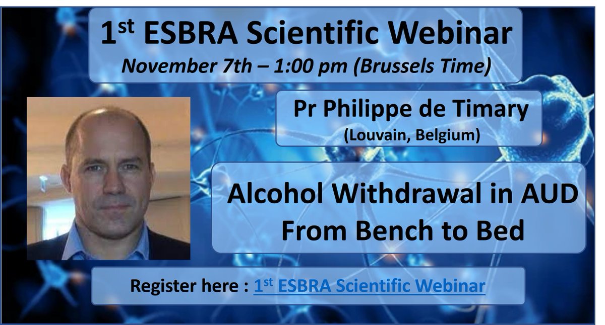 EsiDomi's tweet photo. For #ESBRA members  #Scientific #webinar:  Alcohol Withdrawal on AUD from bench to bed : with Prof. Philippe de Timary  on 7th of November at 1PM (CET time). Registration link: https://t.co/AvtFka3o92 https://t.co/ZjkJ4R5KZw