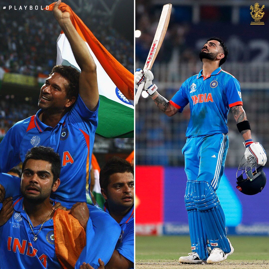 RCBTweets's tweet photo. From lifting Sachin in 2011 ➡️  Shoulder to shoulder with Sachin in 2023 🤌

Take a bow, Virat Kohli 🙌 

#PlayBold #ViratKohli𓃵  #HappyBirthdayKingKohli #INDvSA #CWC23 @imVkohli @sachin_rt https://t.co/YWuW2zZAk3