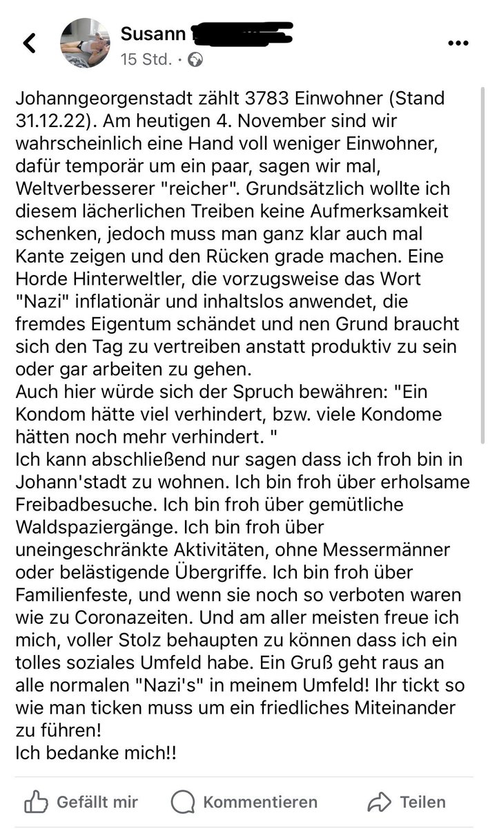 Bild 1 „Eine Horde Hinterweltler“
Bild 2 „uneingeschränkte Aktivitäten, tolles soziales Umfeld, friedliches Miteinander“

Dieser Post ein Einwohnerin aus #Johanngeorgenstadt zeigt warum es wichtig ist, dass es antifaschistische Demos gegen die völkische Hegemonie gibt. #js0411