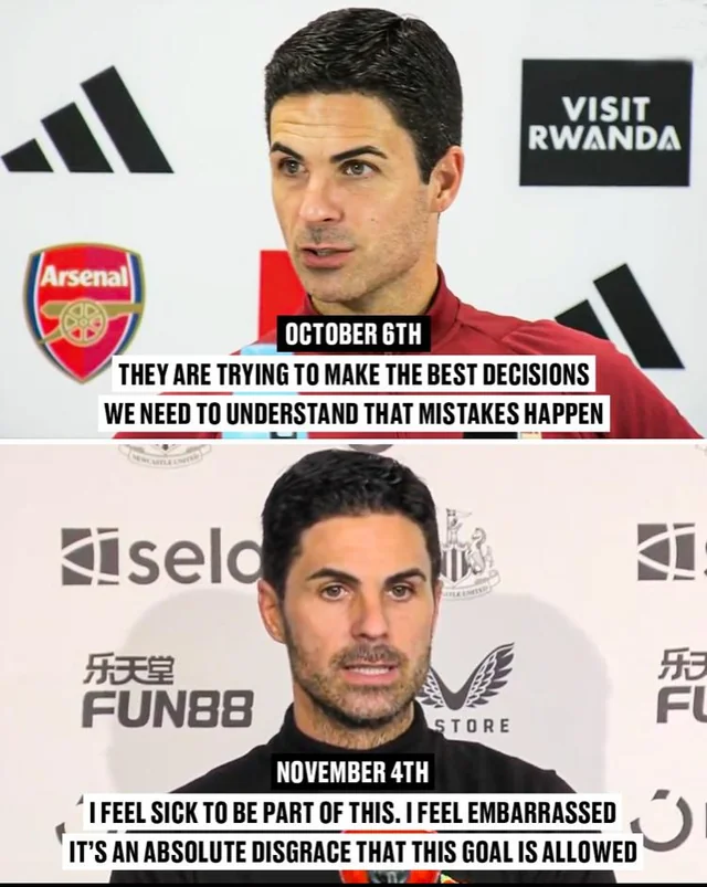 FootballTalkHQ's tweet photo. Arteta has had a sudden change of heart on VAR after Newcastle's goal against Arsenal. 

In October, after Liverpool's controversially disallowed goal against Tottenham, the Arsenal boss defended VAR in support of the officials, but it seems his stance has since changed... https://t.co/8rw1NgktgJ