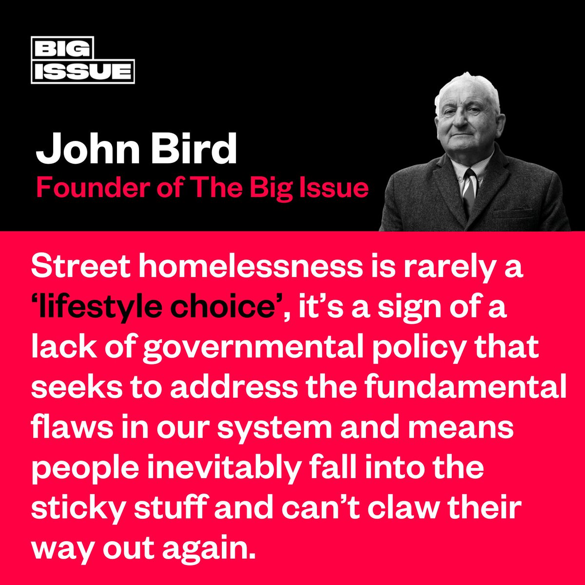 Home secretary Suella Braverman sparked controversy this weekend by claiming that rough sleepers were making a “lifestyle choice”.

Founder of The Big Issue <a href="/johnbirdswords/">John Bird</a> had this to say in response 👇

Read The Big Issue’s reaction here: bit.ly/3FQ608I