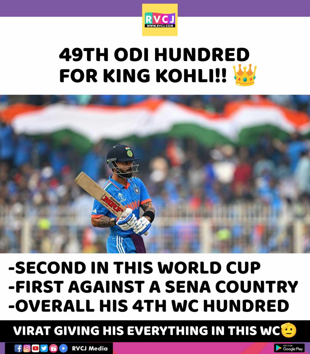 RVCJ_FB's tweet image. 49th ODI Hundred for Virat Kohli 💯🐐👑

#INDvSA #ODIWorldCup2023 #ICCWorldCup2023 #INDvsSA
