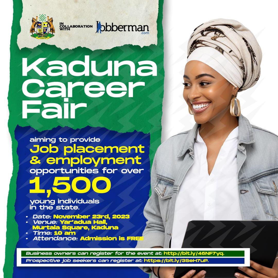 KADUNA UPDATE: KDSG, in collaboration with Jobberman Nigeria, will be hosting the Kaduna Career Fair on 23rd November 2023. The Career Fair aims to provide employment opportunities for over 1,500 youth in the state. Check under this tweet, for Registration Link & Retweet.