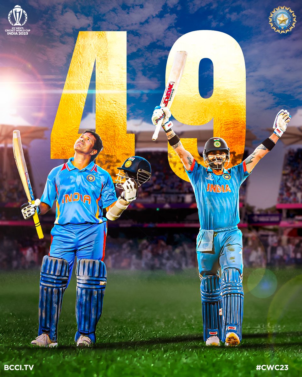 4⃣9⃣ 𝙊𝘿𝙄 𝘾𝙀𝙉𝙏𝙐𝙍𝙄𝙀𝙎! Sachin Tendulkar 🤝 Virat Kohli Congratulations to Virat Kohli as he equals the legendary Sachin Tendulkar's record for the most ODI 💯s! 👏 #TeamIndia | #CWC23 | #MenInBlue | #INDvSA