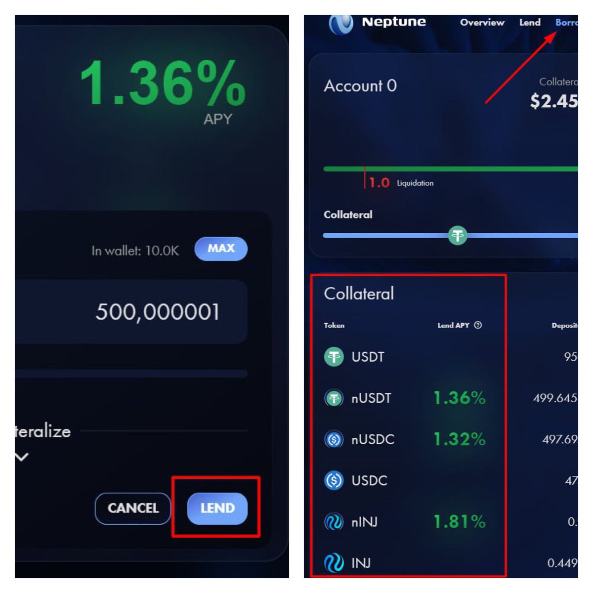 Muallimin_biri's tweet photo. 📍#Airdrop İhtimali !!
📌 Toplamda 55 milyon dolar toplayan @Injective_ ekosistemi üzerinde yer alan ve doğrudan #Injective tarafından desteklenen @neptune_finance #Testneti var.
📌 İşlemler kısa ve hızlı …
Neler yapabiliriz ??
1️⃣ https://t.co/MU0B5MtqMD sağ üst köşeden cüzdan bağla ( METAMASK )
2️⃣ https://t.co/mb6PhNGOZe adresine gidip test jetonu talep edin.
3️⃣ https://t.co/y4FN0N0ASz adresinden OAT talep et.
4️⃣ https://t.co/B9Hd5YrWEQ adresine git ve yandaki LEND kısmını seç. (Cüzdan GOERLİ ağında)
Açılan ekranda sırasıyla elindeki bakiyenin bir kısmını borç ver.
( $INJ / $USDC / $USDT )
5️⃣Yukarıdaki BORROW kısmını seçip alt kısımdaki paritelerin karşısında yer alan DEPOSİT kısmını seçip elinizdeki bakiyenin bir kısmını DEPOSİT et.
6️⃣Yine aynı ekranda sağ tarafta $USDC / $USDT $INJ paritelerinin karşısında yer alan BORROW kısmını seçip aynı işlemleri burada da tekrarla.
7️⃣Son olarak hesap yanındaki + kısmını seçip açılan ekranda aktif olan paritelere Teminat ekle.
BİTTİ ✅
Bol Şans.💙