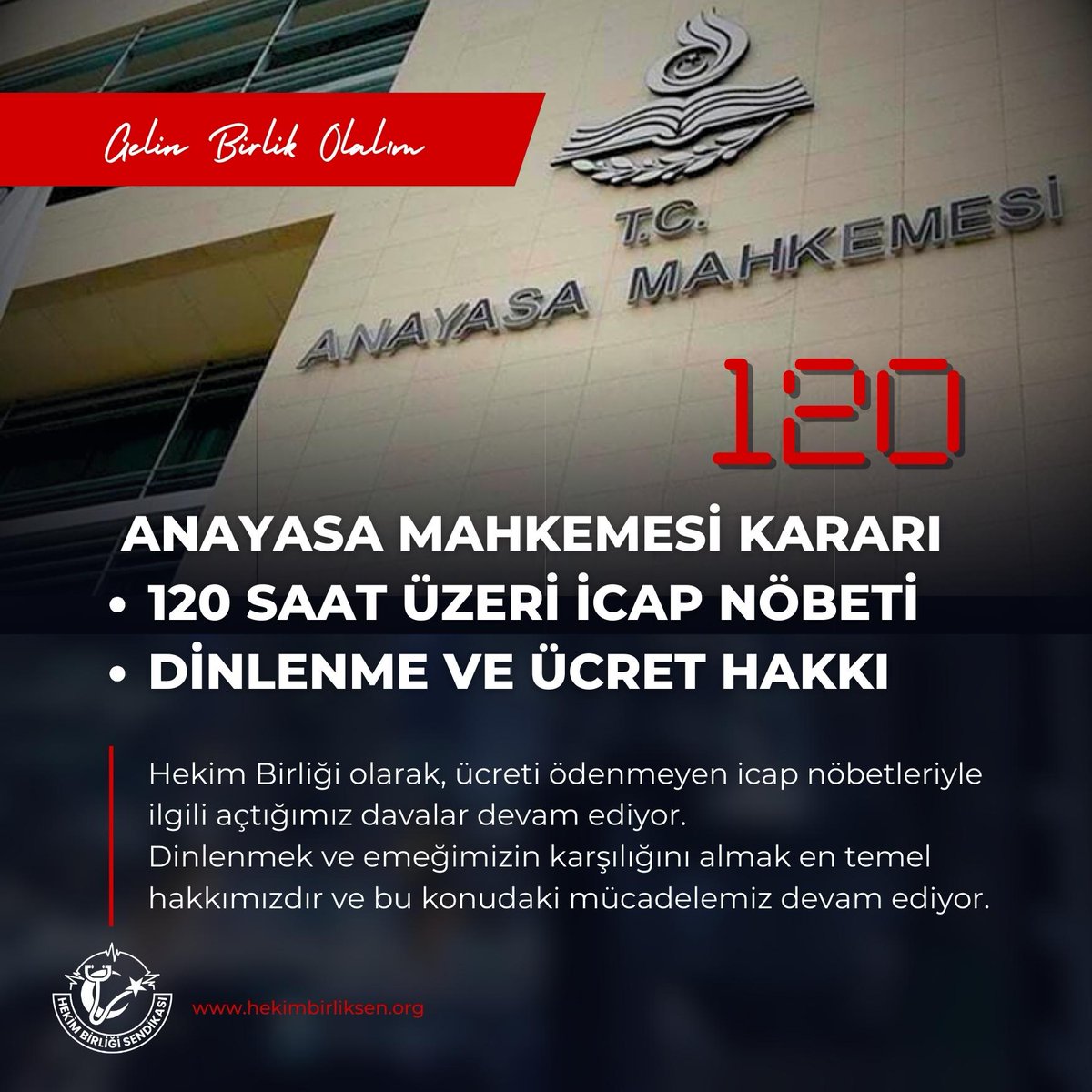 's tweet image. DİNLENME ve 120 SAAT ÜZERİ İCAP NÖBETİ ÜCRET HAKKI

Artık 120 saatten fazla süren icap nöbetlerinde ücret ödenmeme kuralı tarih olmuştur! Anayasa Mahkemesi, 5 Mayıs 2023 tarihinde yayımlanan kararıyla bu haksız kuralı iptal etti ve iptalin yürürlüğe girmesi için 6 aylık bir süre…