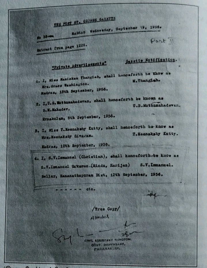 #தேவேந்திரகுலவேளாளர்
1957 - #பரமக்குடி சட்டமற்ற தேர்தல் #காங்கிரஸ் கட்சி #தியாகி_இமானுவேல்சேகரனார் போட்டியிட மறுக்கப்பட்டது ஏனோ !

Fort St.George Gazette.
புதன்- 19/செப்டெம்பர்/1956  - அன்று
E. V. Immanuvel Sekaran - Hindu 
என மாற்றப்பட்ட நகல் 

Civil Assistent