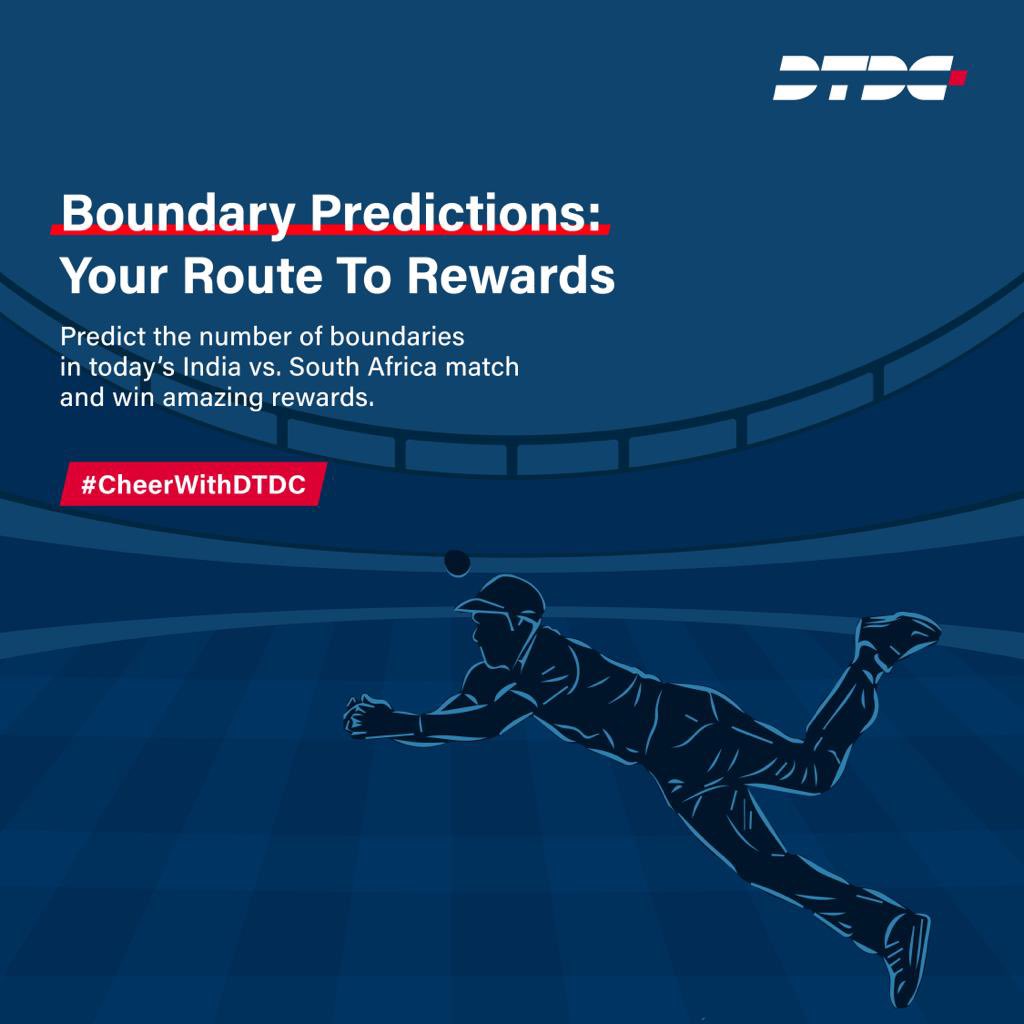 DTDCIndia's tweet photo. How many game-changing boundaries will we see in the India vs. South Africa match? 

Take your shot at victory - predict now!  

 #CheerWithDTDC #CricketFever #WorldCup2023 #CricketBattle #TeamIndia #BleedBlue #MatchDay #BoundaryPredictions #BoundaryWatch  #SixesChallenge #IconicClash #CricketFans #GameOn #SportsPredictions #CWC23 #CricketContest #DTDC